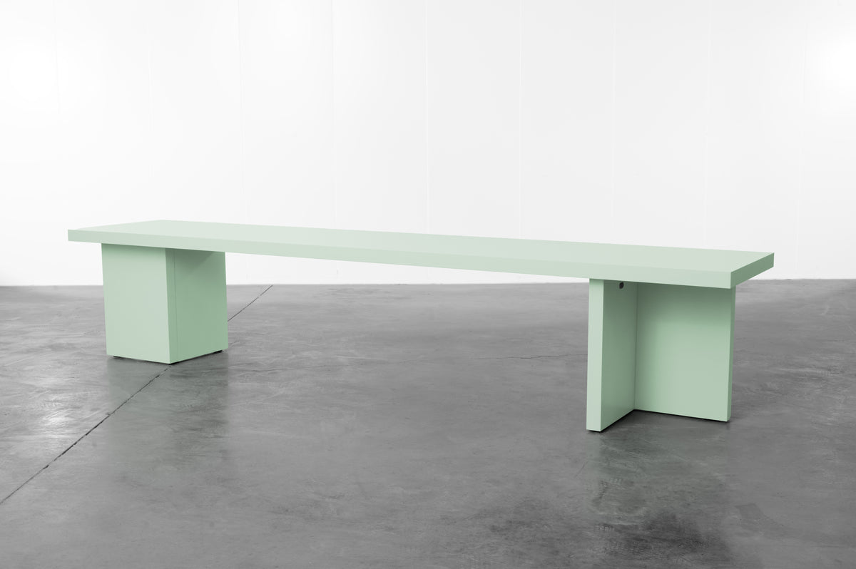 Mint green wooden bench by Bobbie Bahama