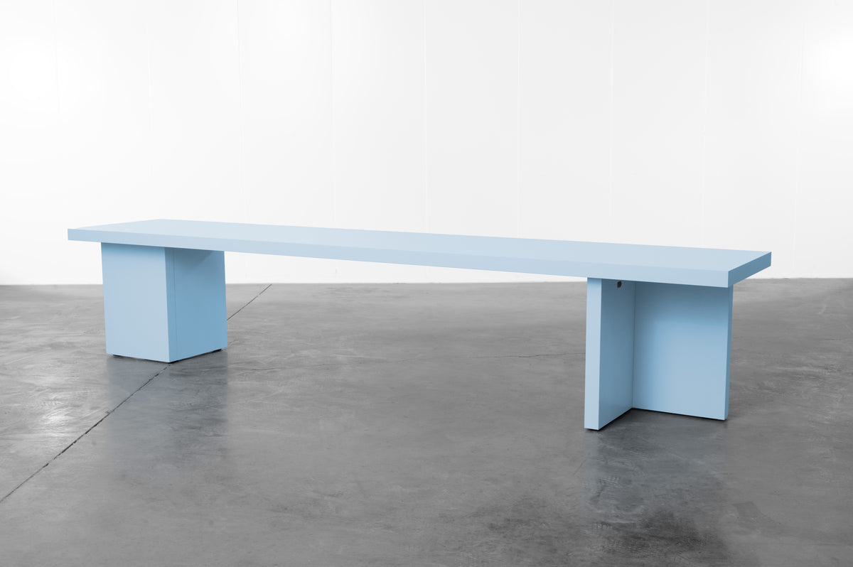 Baby blue wooden bench by Bobbie Bahama