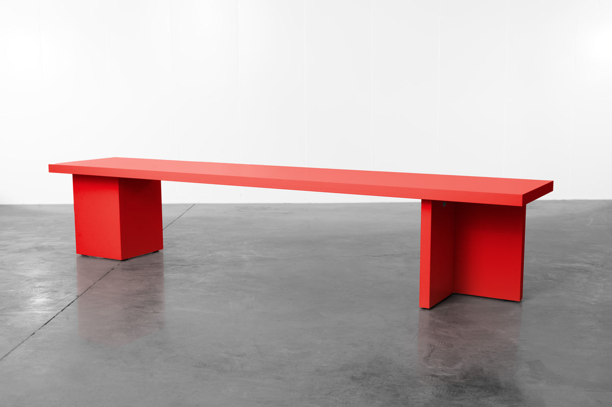 Red wooden bench by Bobbie Bahama