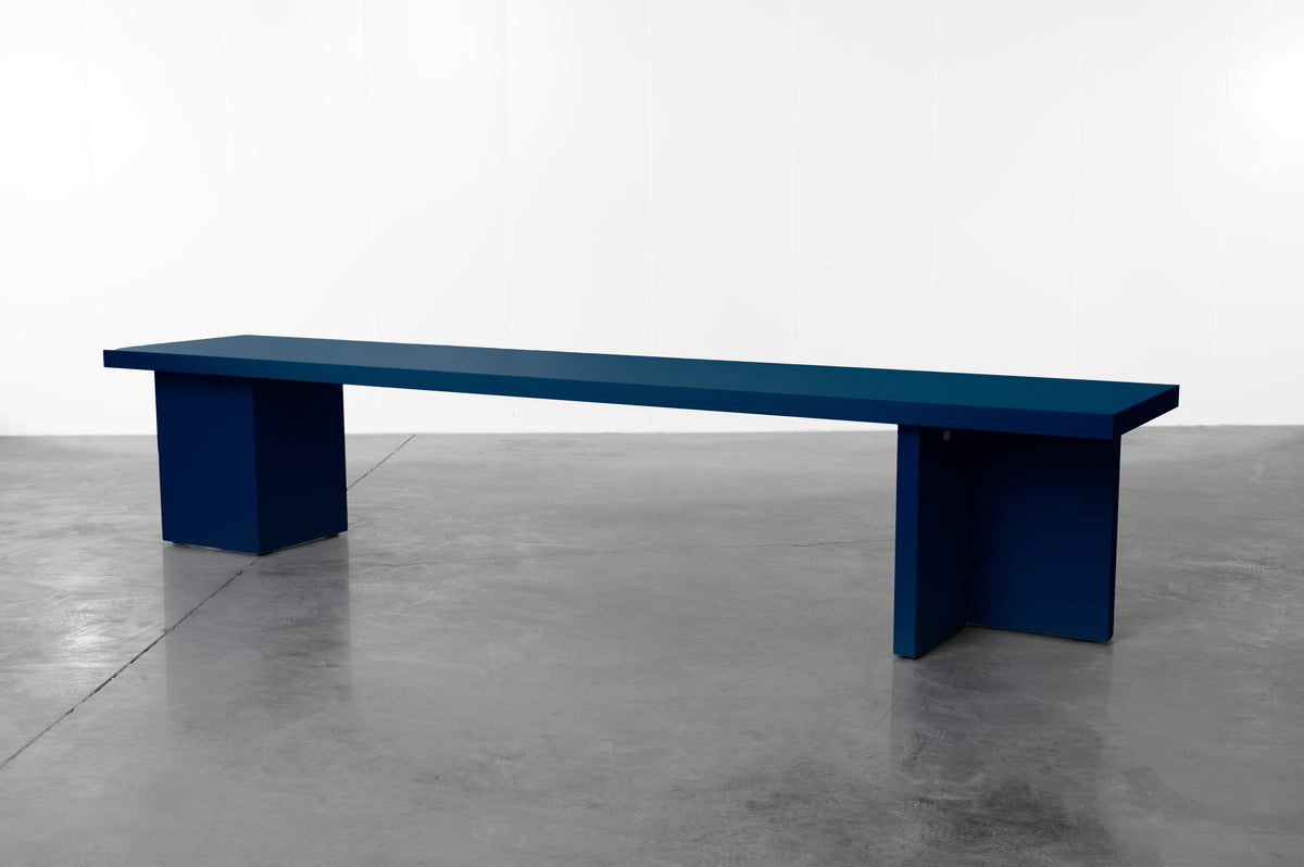 Dark, midnight blue wooden bench by Bobbie Bahama