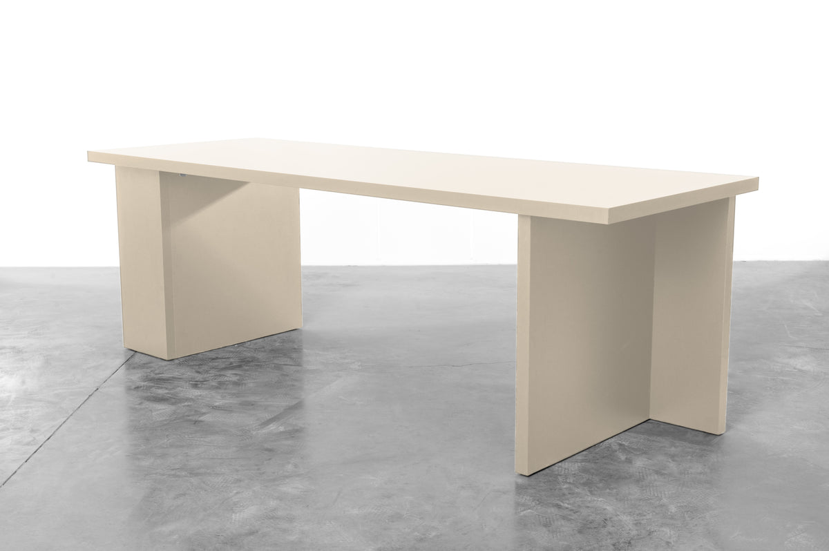 Large rectangular wooden dining table in soft dove designed by Bobbie Bahama